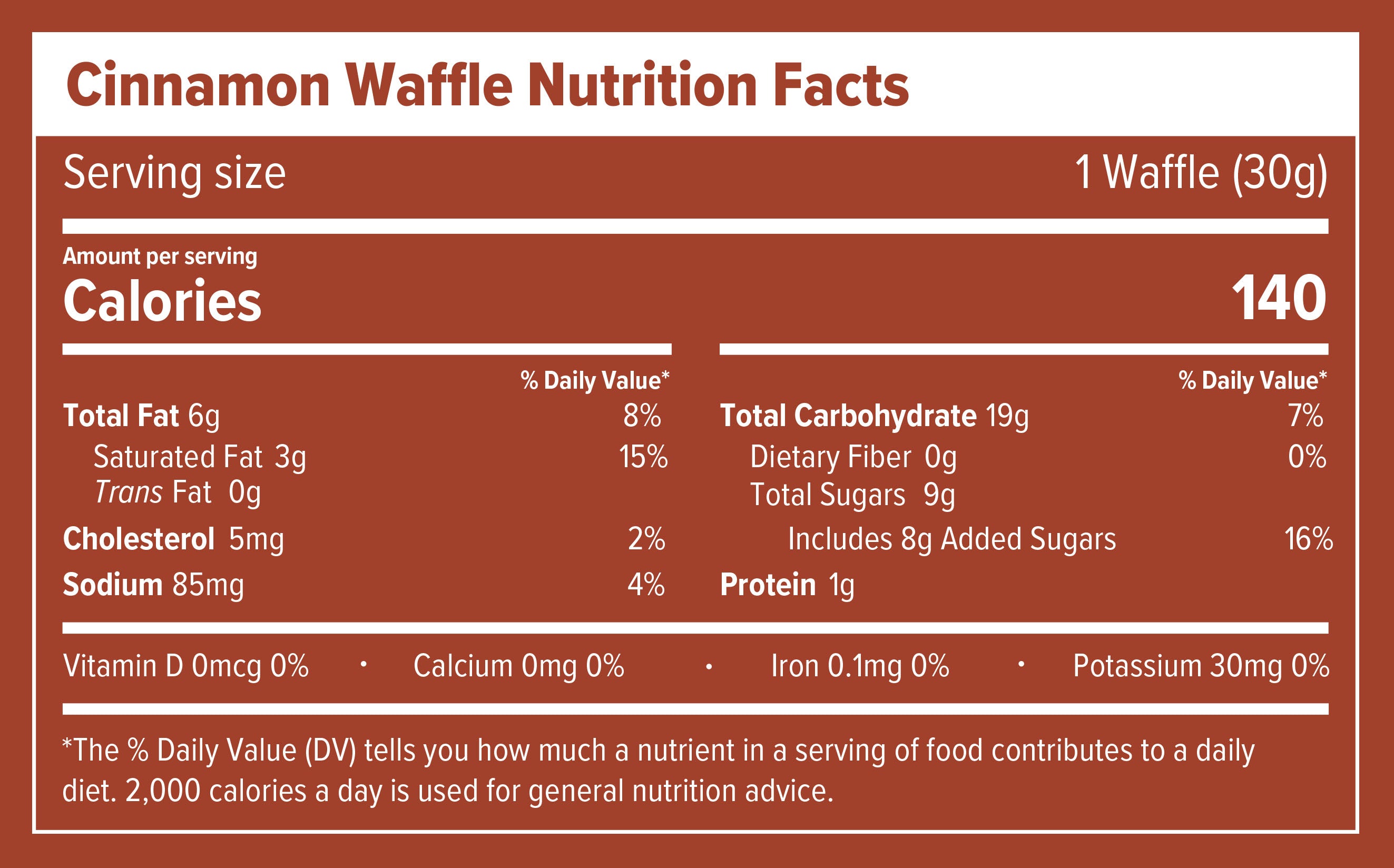 Nutrition facts label for a cinnamon waffle with serving size, calories, and nutritional content details.