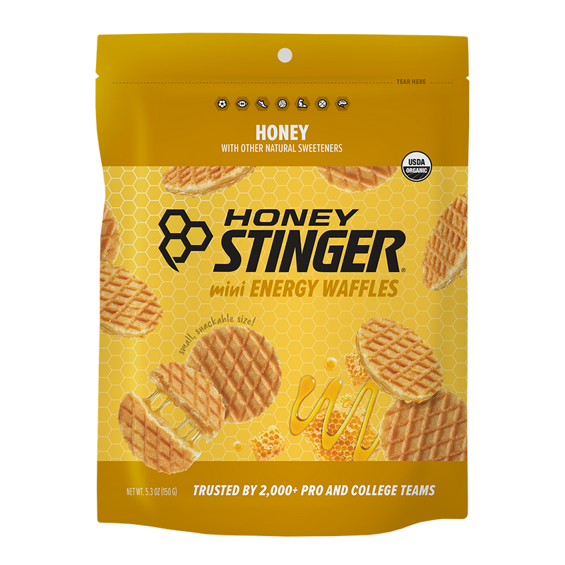 Honey Stinger mini energy waffles packaging on a white background