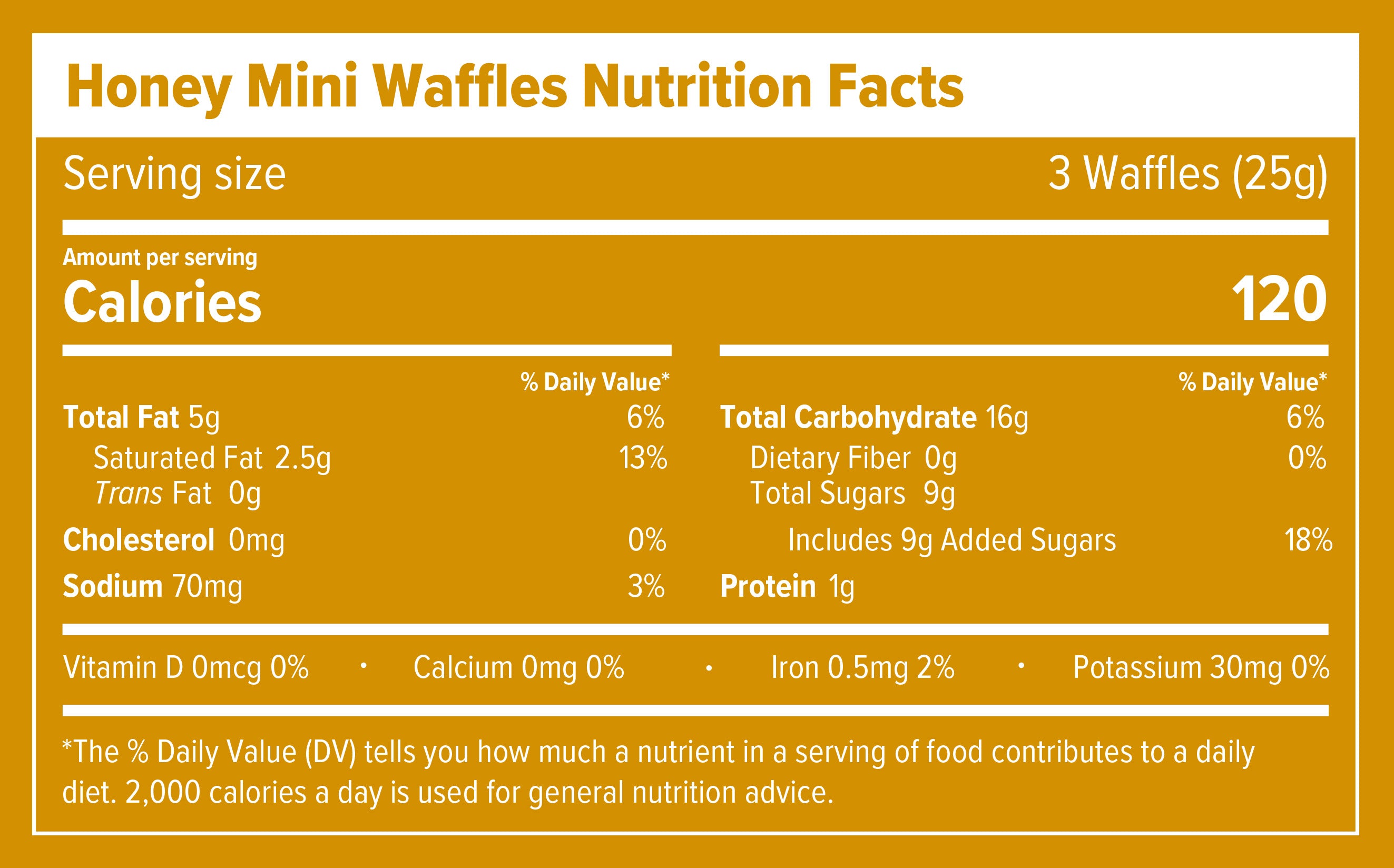 Nutrition facts label for Honey Mini Waffles with serving size and calorie information.