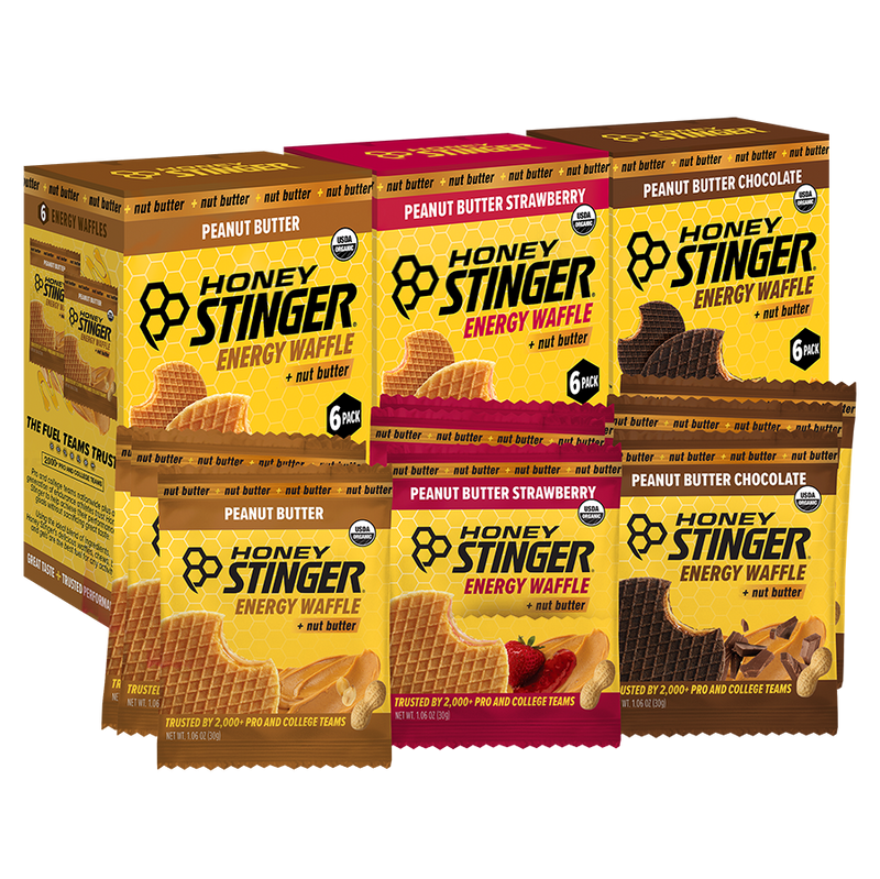 Honey Stinger energy nut butter energy waffle packages on a white background