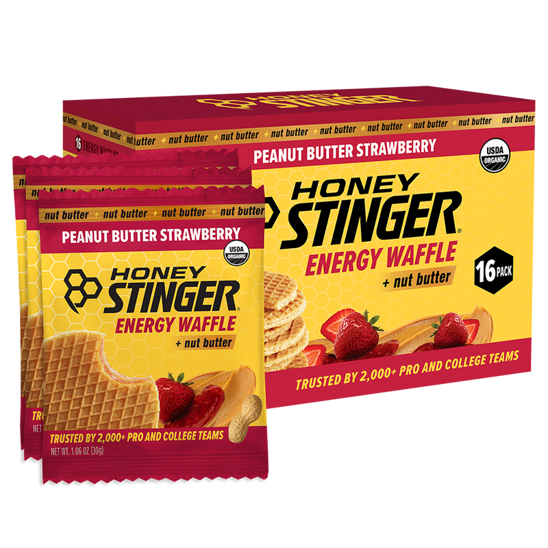Honey Stinger Peanut Butter Strawberry energy waffle packaging on a white background