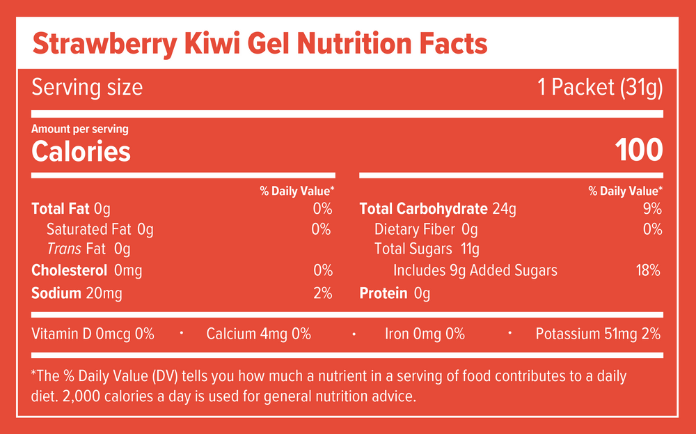Nutrition Facts and ingredients label for Strawberry Kiwi Caffeinated Energy Gel Box of 24