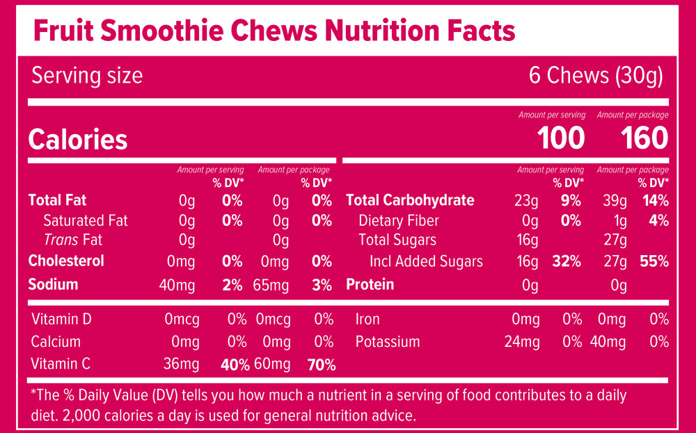 Nutrition Facts and ingredients label for Fruit Smoothie Classic Energy Chews Box of 12