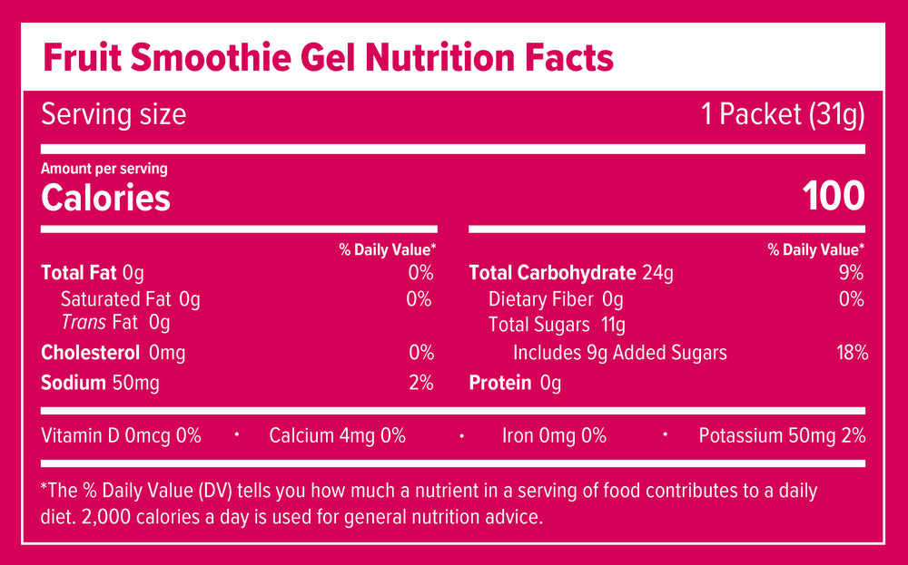 Nutrition Facts and ingredients label for Fruit Smoothie Classic Energy Gel Box of 24