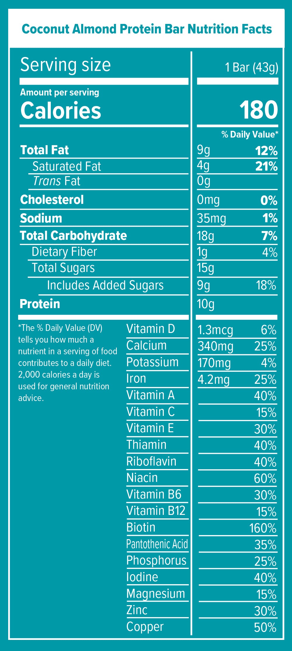 Nutrition Facts and ingredients label for Coconut Almond Protein Bar Box of 15
