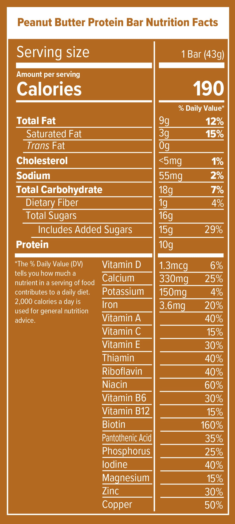 Nutrition Facts and ingredients label for Peanut Butter Protein Bar Box of 15