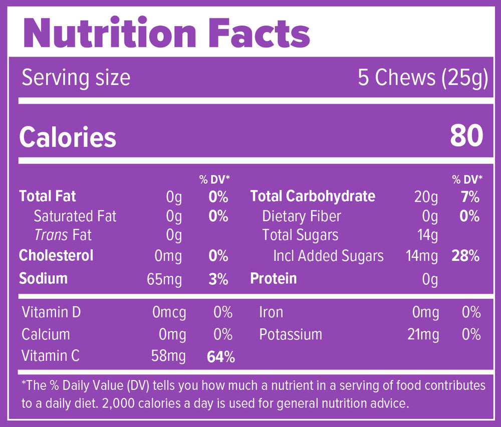 Nutrition Facts and ingredients label for Berry Blast Caffeinated Energy Chews Box of 12
