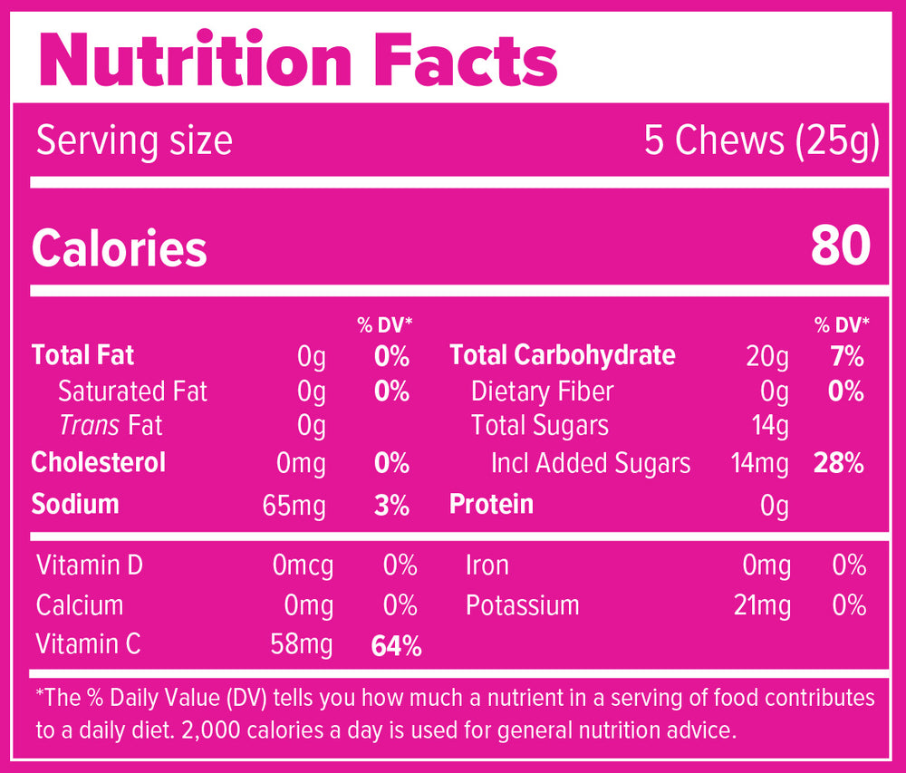 Nutrition Facts and ingredients label for Tropical Twist Caffeinated Energy Chews Box of 12