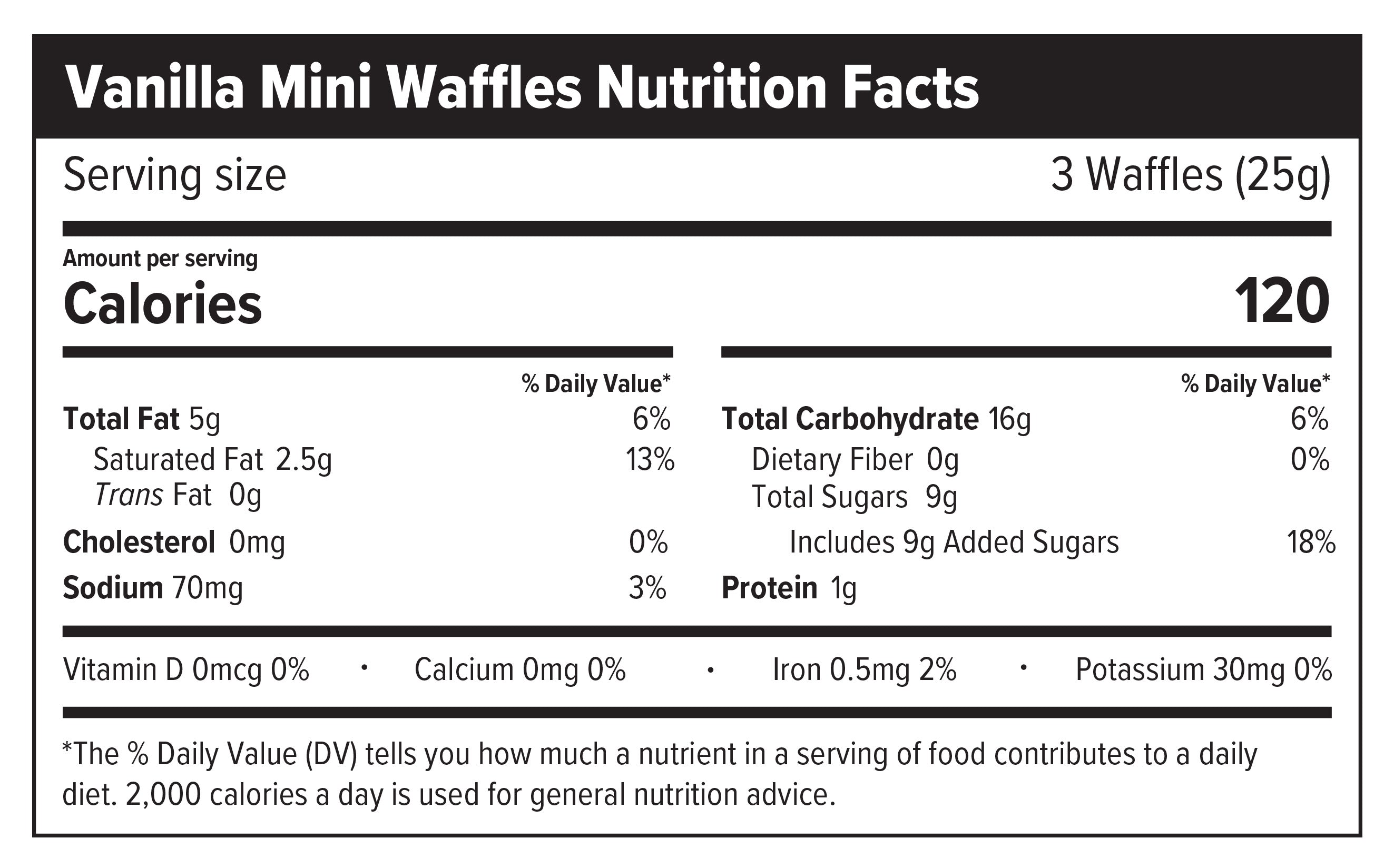 Nutrition facts label for vanilla mini waffles with serving size, calories, and nutritional content.