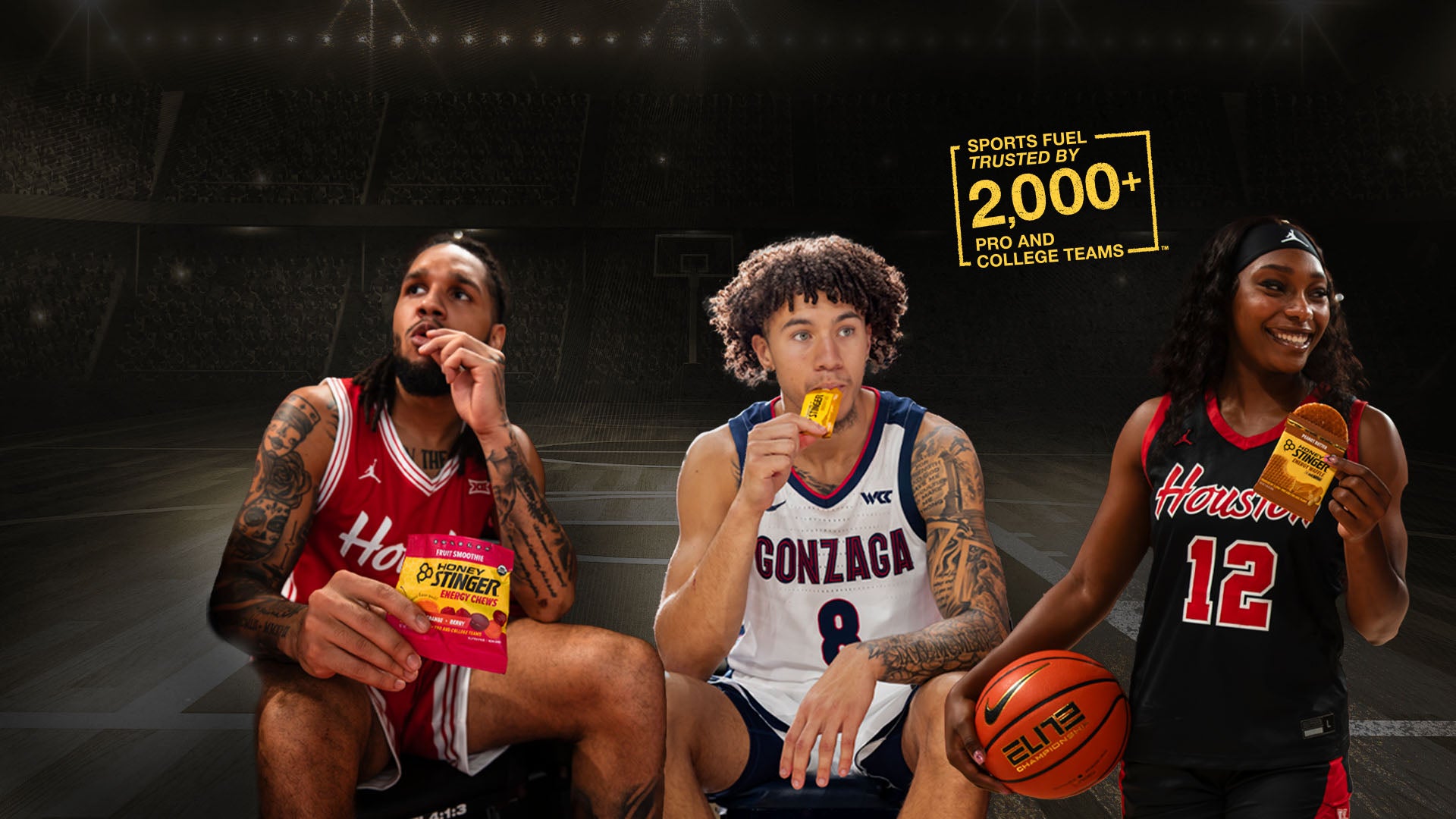 Three basketball players holding Honey Stinger sports fuel and a basketball on a dark background with 'Sports Fuel' branding.