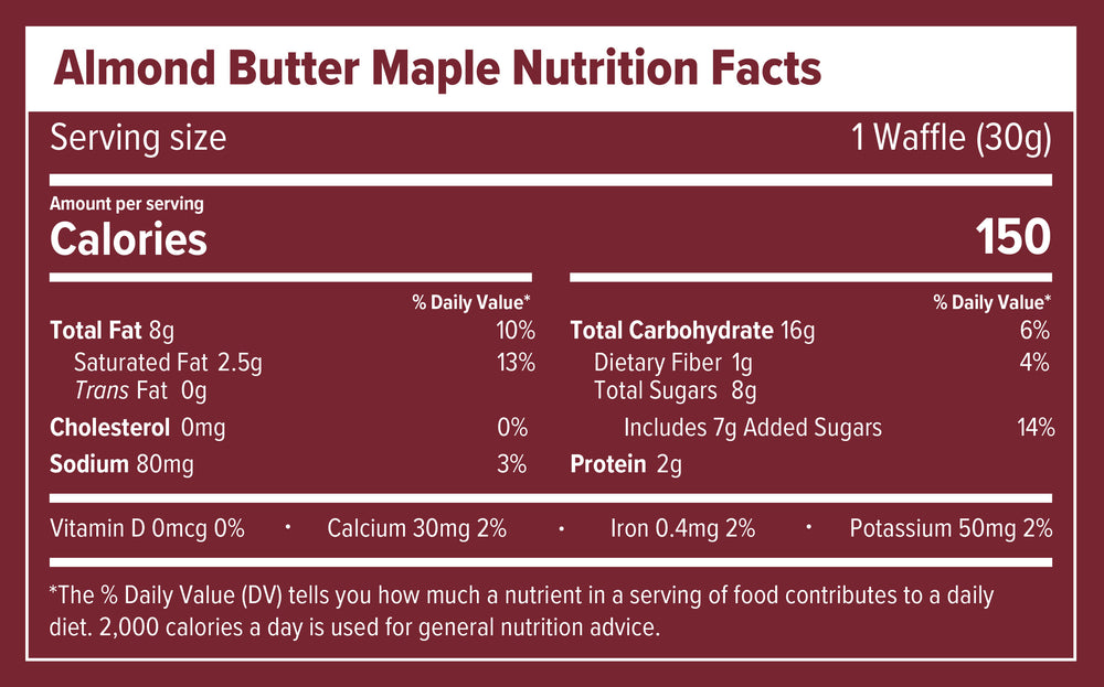 Nutrition Facts and ingredients label for Almond Butter Maple Energy Waffle Box of 16