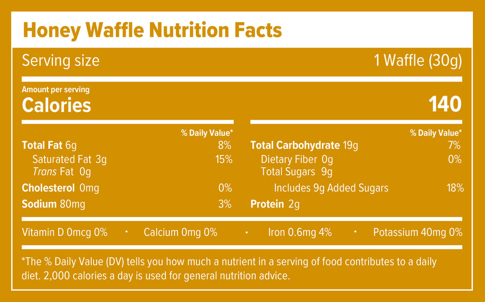 Nutrition Facts and ingredients label for Honey Classic Energy Waffle Box of 16