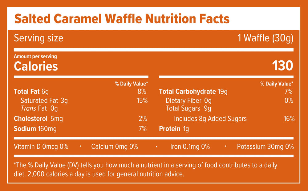 Nutrition Facts and ingredients label for Salted Caramel Gluten-Free Energy Waffle Box of 16