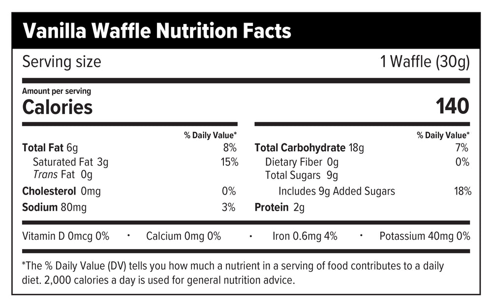 Nutrition Facts and ingredients label for Vanilla Classic Energy Waffle Box of 16