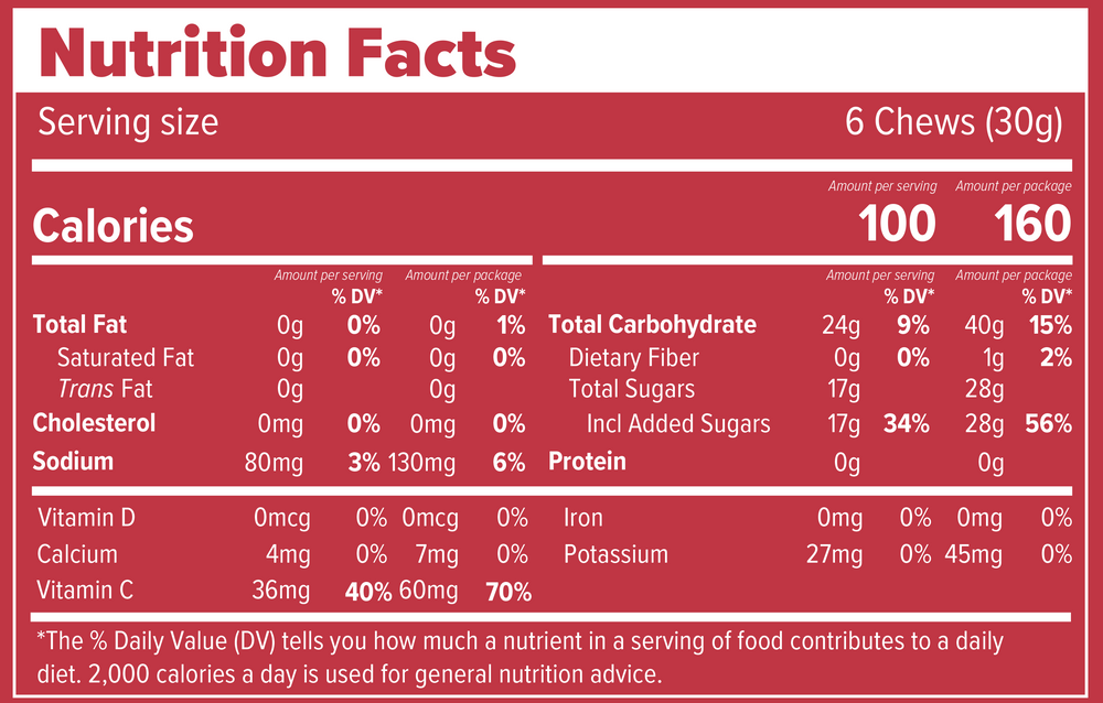 Nutrition Facts and ingredients label for Cherry Cola Caffeinated Energy Chews Box of 12