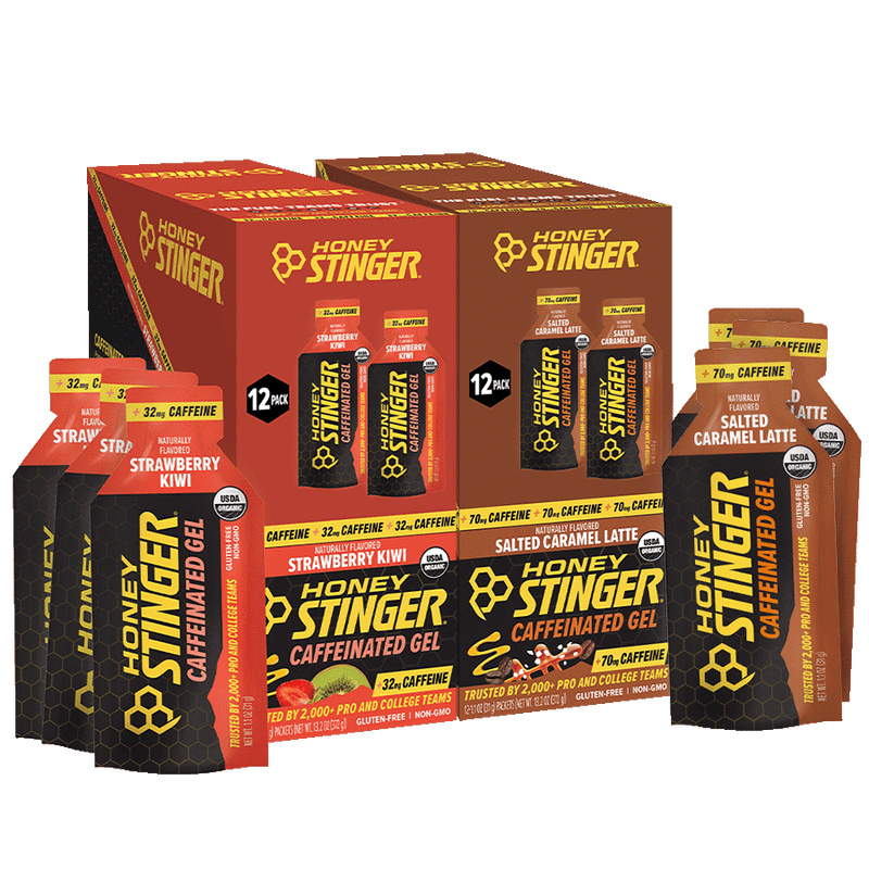 Honey Stinger caffeinated gel packages and boxes on a white background