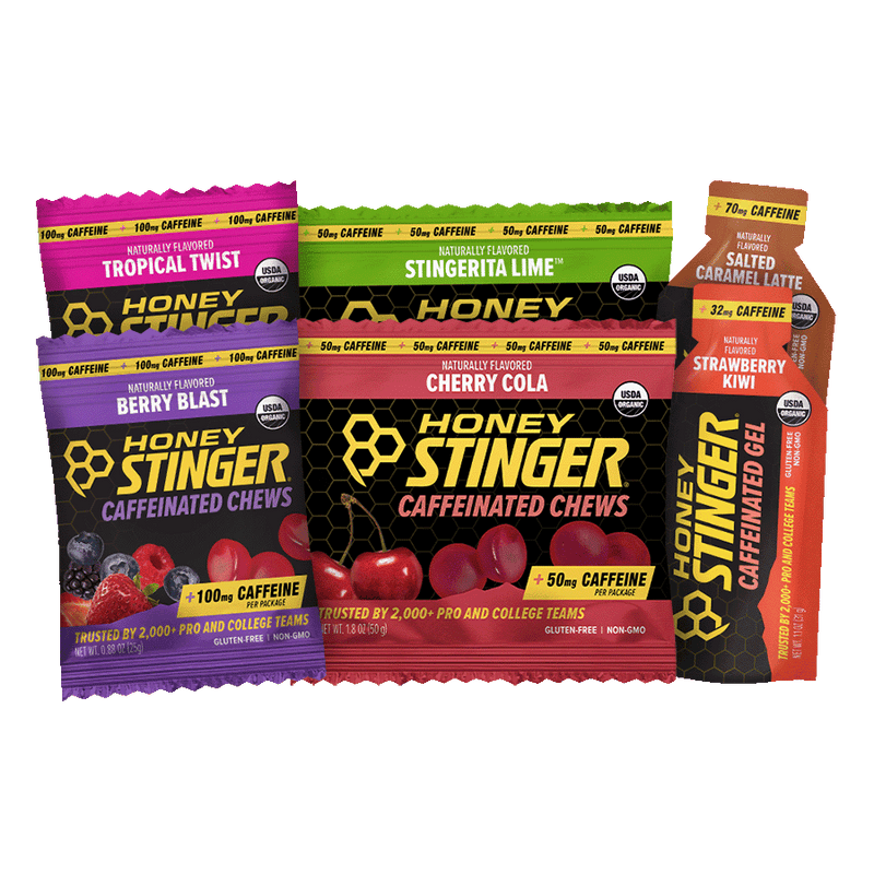 Assorted Honey Stinger caffeinated chews packaging on a white background