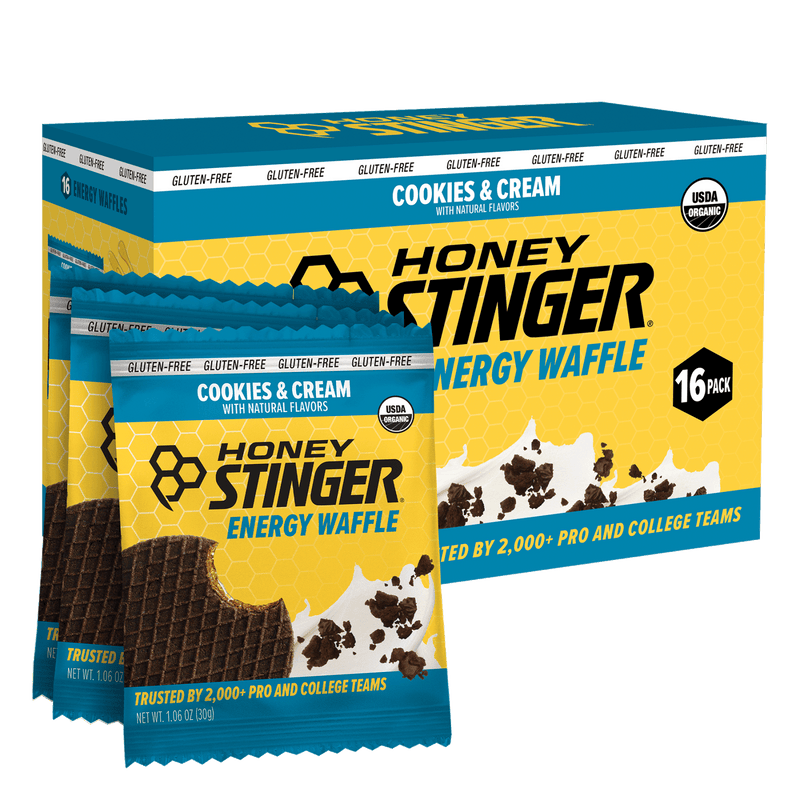 Honey Stinger Cookies & Cream Energy Waffle packaging with a 16-pack box.