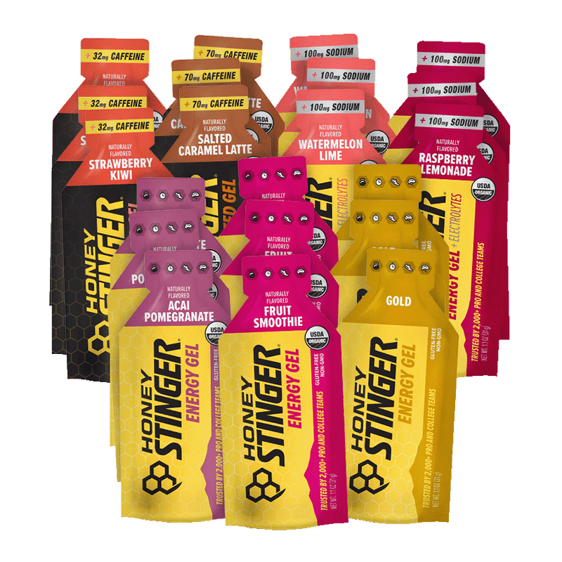Honey Stinger energy gels and honey stinger gel packs on a white background