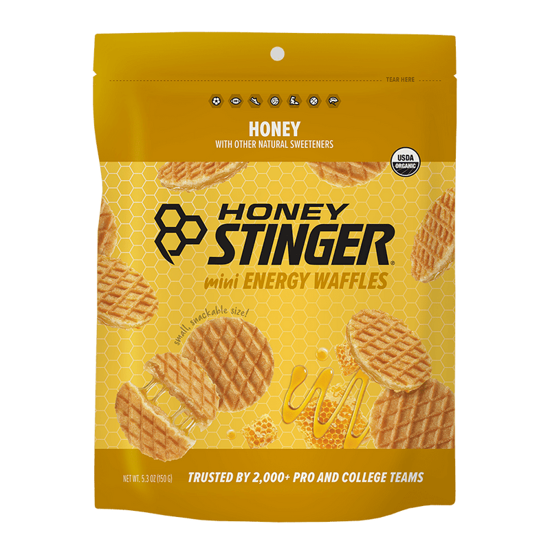 Honey Stinger mini energy waffles packaging on a white background