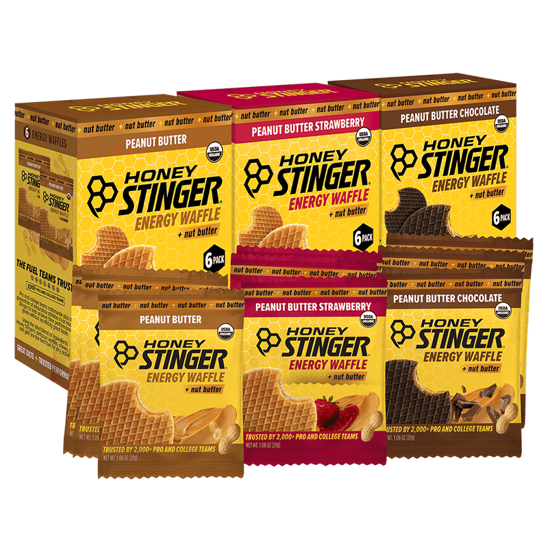 Honey Stinger energy nut butter energy waffle packages on a white background