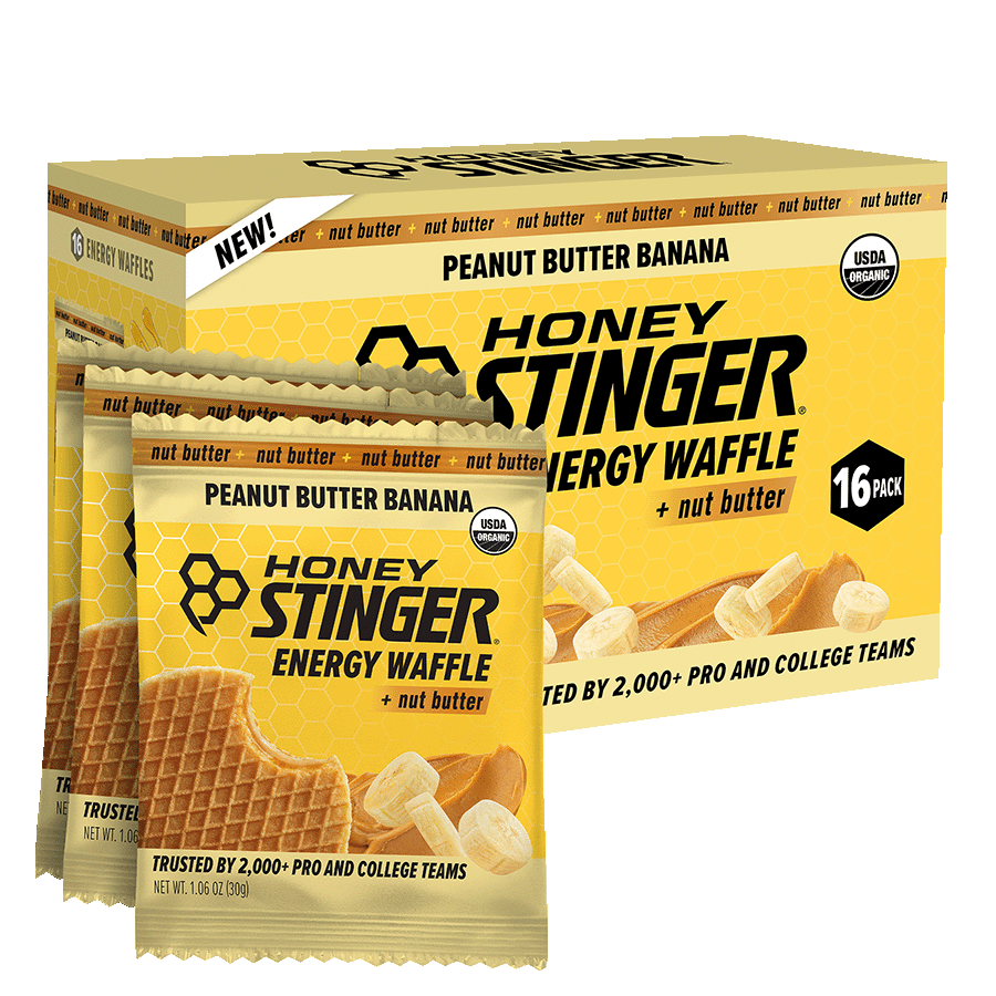 Honey Stinger Peanut Butter Banana Energy Waffle packaging with a box of 16 packs.