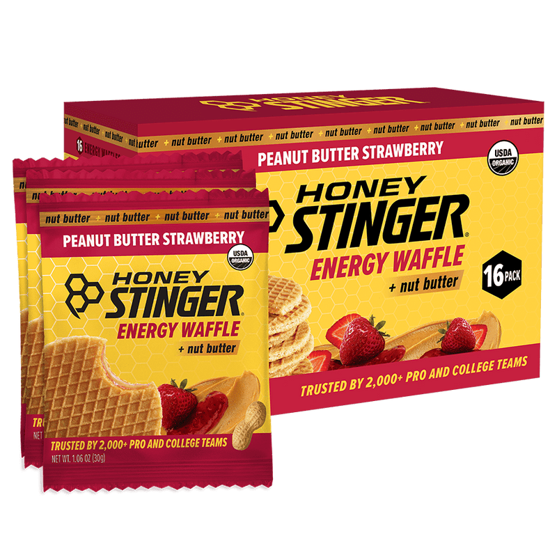 Honey Stinger Peanut Butter Strawberry energy waffle packaging on a white background