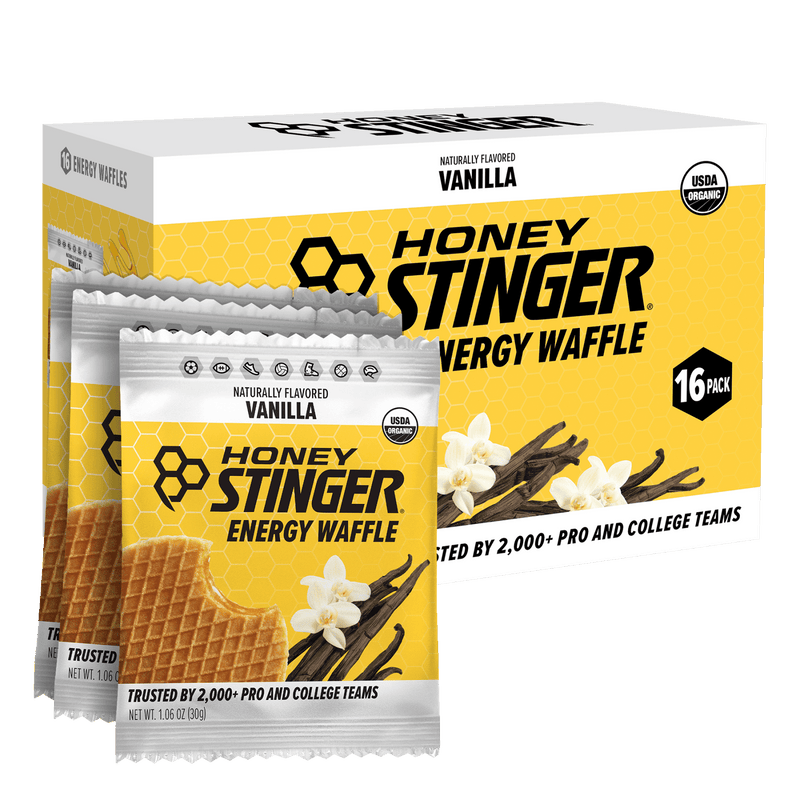 Box of Honey Stinger Vanilla Energy Waffles with packaging on a white background