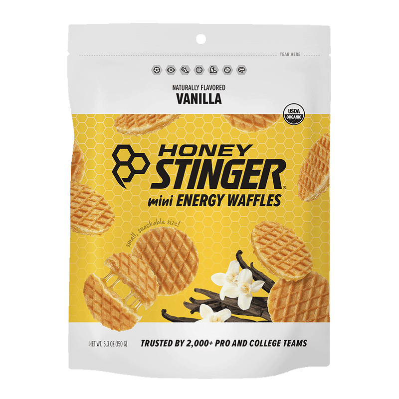 Honey Stinger mini energy waffles packaging with vanilla flavor on a white background