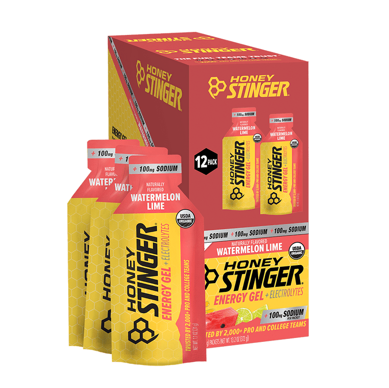 Honey Stinger energy gel packaging including a box and packets on a white background